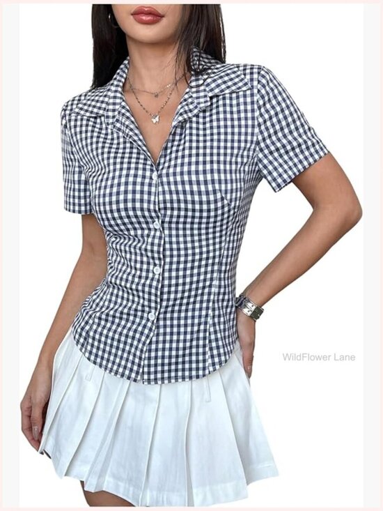 Tops - Women's Gingham Button Up Short Sleeve Blouse Y2K Dressy Casual Top